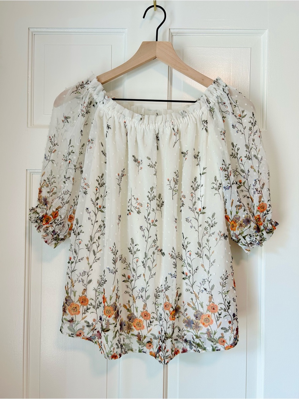 Sweet Rain Floral Swiss Dot Off the Shoulder Blouse Medium